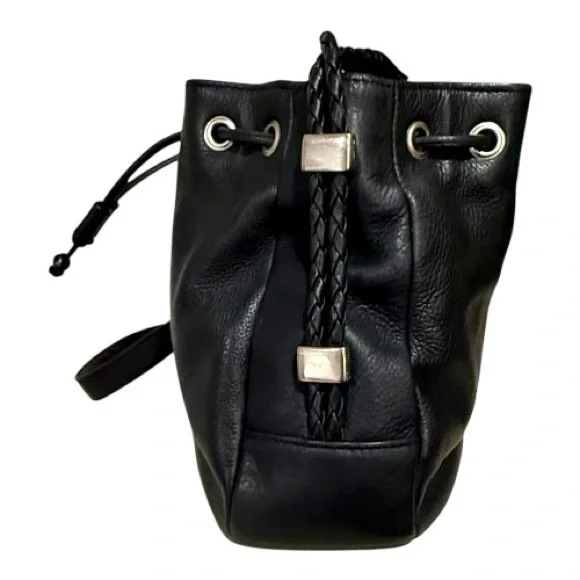 Valerie Stevens Black Leather Drawstring Bucket Crossbody Bag - Picture 4 of 11